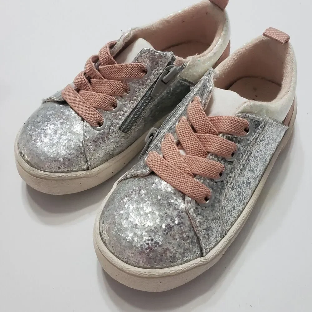 Zara Girl EU Size 23 Silver Side‎ Zipper Lace Up Low Top Shoes Sparkle Sequin